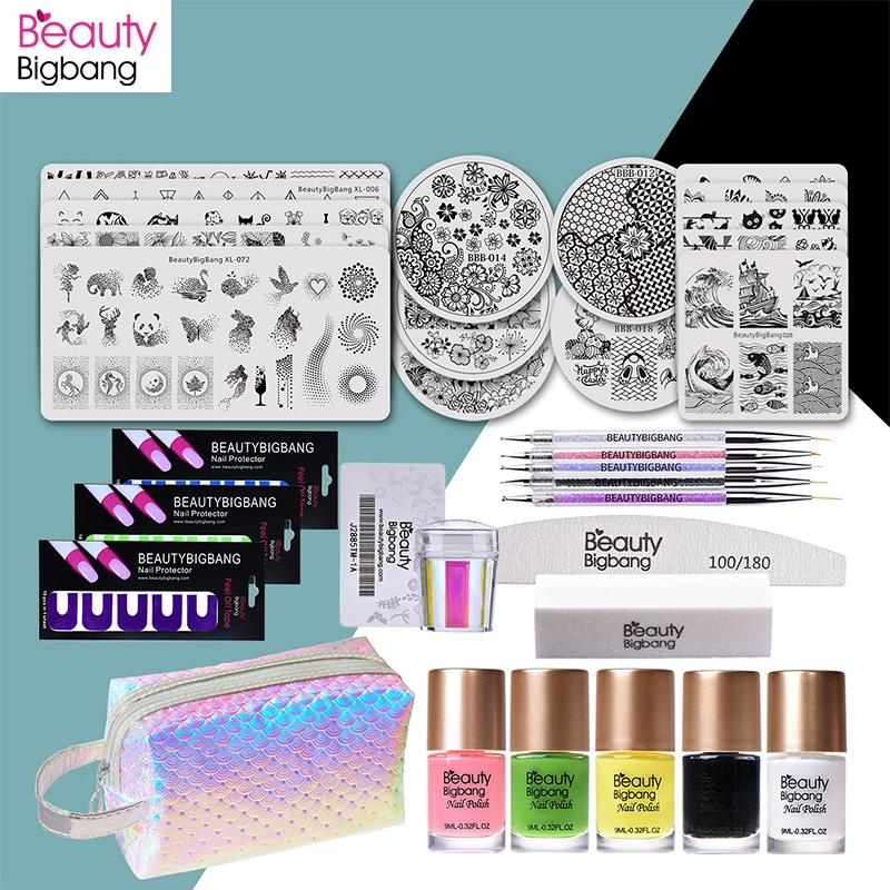 

BeautyBigBang 33 Pcs/Set Nail Art Stamping Plates Stamper Nail Polish Dot Pen Nail Sticker File Block Bag For Beginner Nail Art