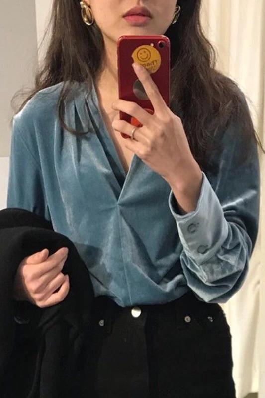 Minimalism Design Smoothie Velours Blouse V Neck Long Sleeve Top Women Shirt Office Lady Chemise Femme Camisa Mujer Blusa