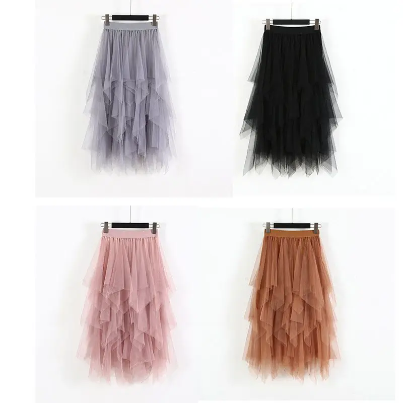 Women Skirt Solid Color Irregular Skirt Elastic High Waist Skirt  Mesh Stitching Skirt Wild A-line SkirtLong Paragraph Skirt