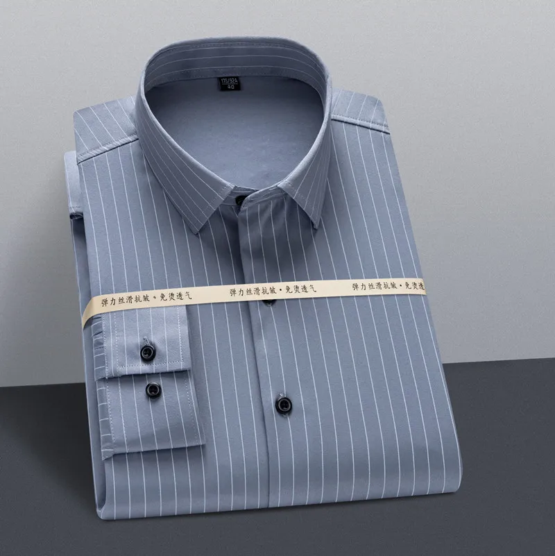 New Fashion Stretch Non-iron Shirt Anti-wrinkle Classic Solid Selfcultivation Business Casual Wear Long Sleeve Shirts for Men