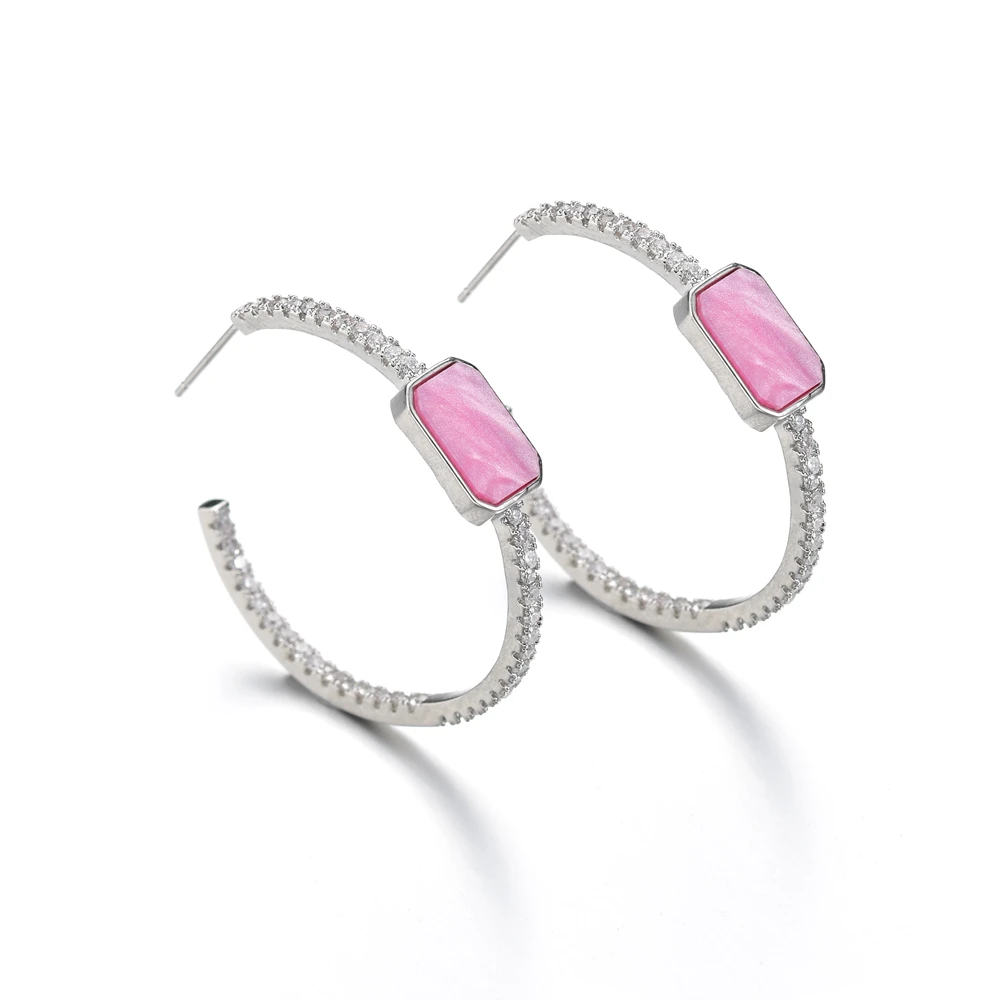 

Karopel Fashion 925 Sterling Silver Pin Big Circle Round Hoop Earring Clear Baguette Cubic Zircon pink stone Lady Jewelry
