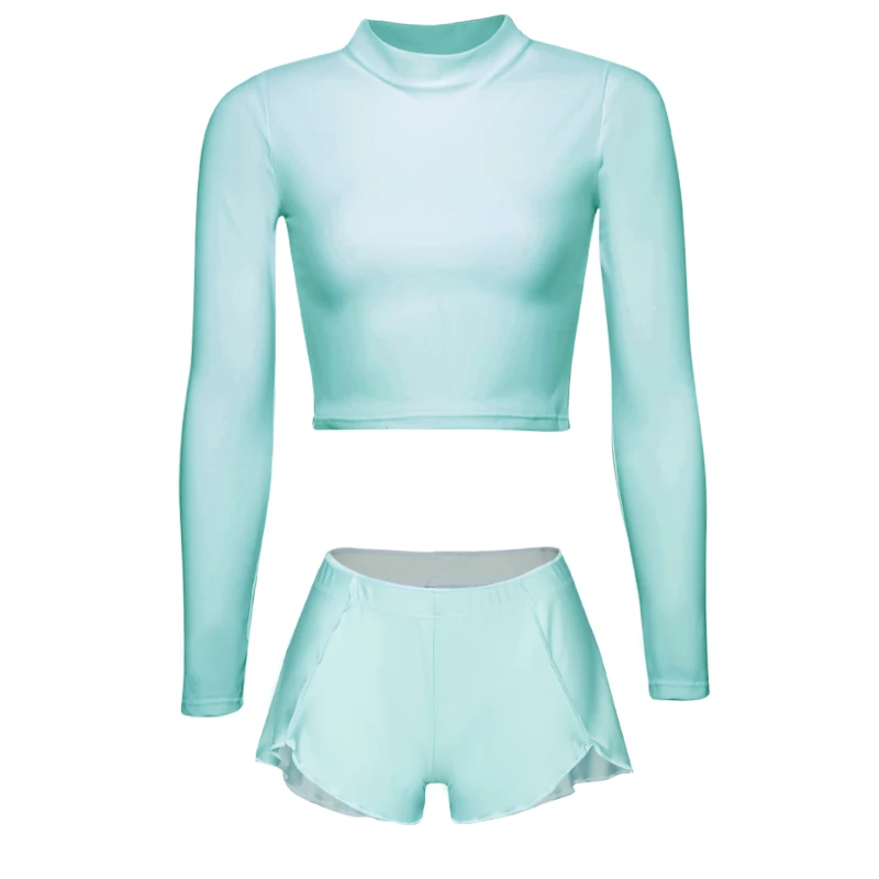 Bodysuit + Running shorts Bodysuit Long sleeved bodysuit running suit glossy high elastic round neck training suit Running gear