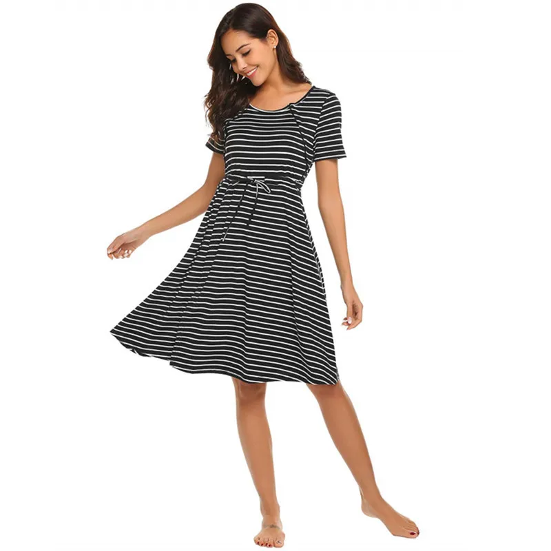 

QWEEK 2019 New Short Sleeve Round Neck Night Dress Woman Fashion Stripes Night Sleepwear Loose Cotton Pregnant Woman Nighty