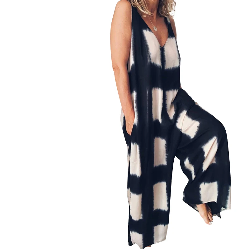 

Women Fashion Long Pants V Neck Sleeveless Pocket Loose Colorblock Plaid Printed Loose Long Pants Outside Wear Casual Jumpsuit