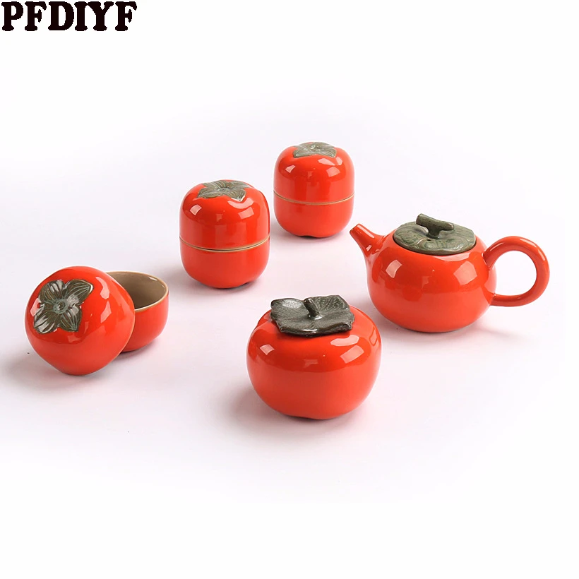

2019 NEW Creative Tomato Kung Fu Tea Set Ceramic Portable Teapot Drinkware Tea Pot Cup Set With Tea Can Chinese Teaset Kettle