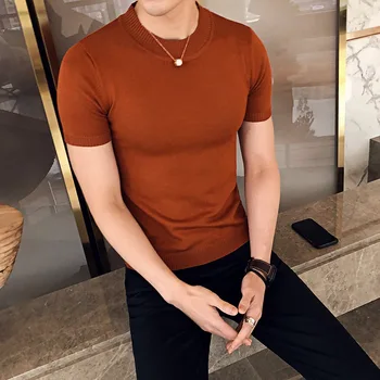 

2019 premium brand Fashion Male summer slim Casual knit shirts/Men's High quality Round collar short sleeve sweaters Tops S-XXL