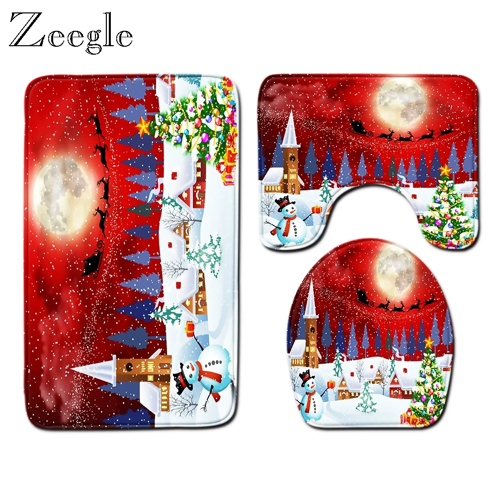 Zeegle Christmas Bath Mat Set Home Decoration Mat Microfiber Toilet Seat Cover Mat Absorbent Floor Rug Modern Carpet Doormat