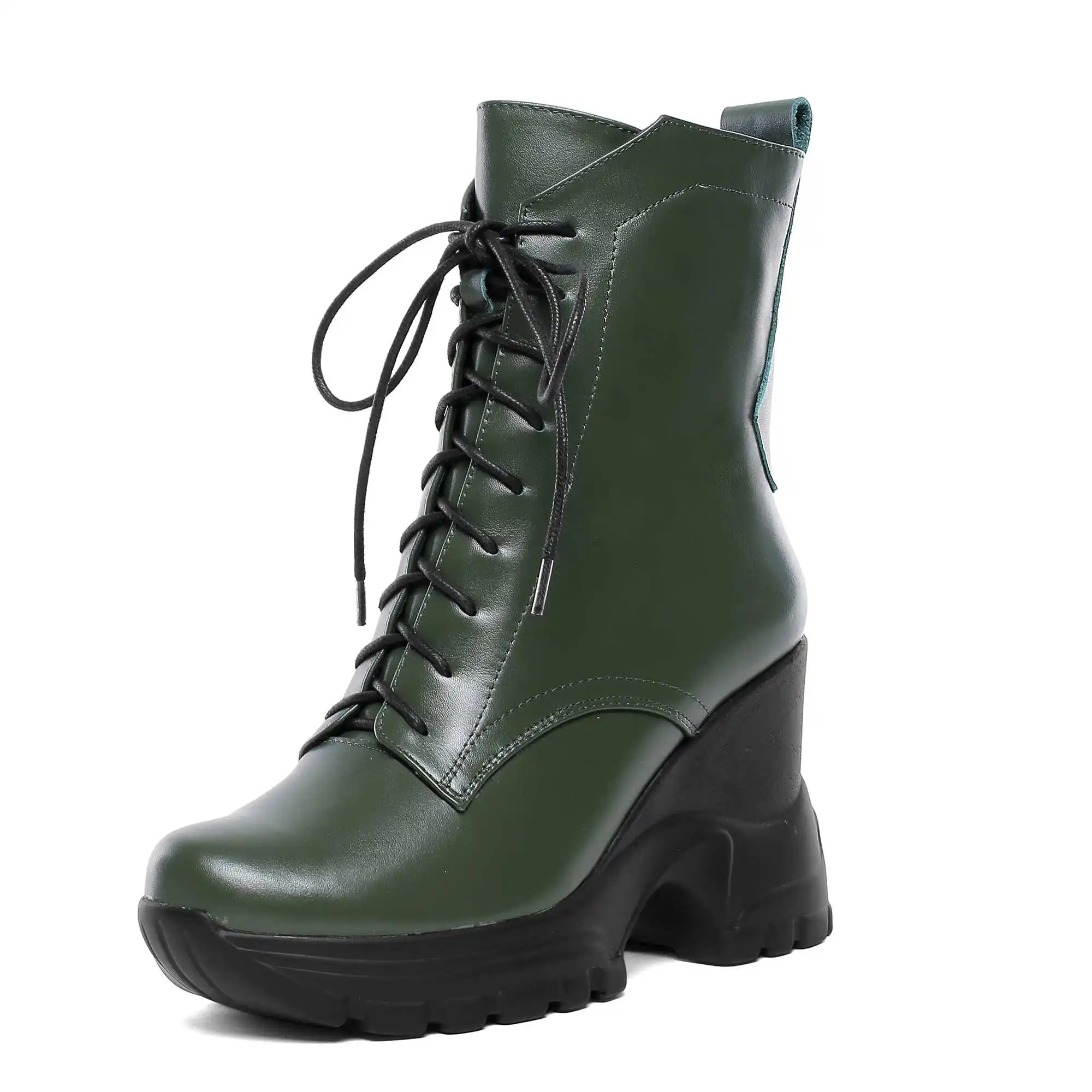 Bottes femme/ботинки до середины икры женская обувь на высоком каблуке обувь из натуральной кожи с круглым носком на танкетке; zapatos de mujer; размер 42