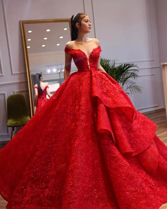 Stunning Layer Ruffles Puffy Red wedding Dresses Elegant Off Shoulder Lace Appliques Beads Sequins Pagenat Gowns | Свадьбы и