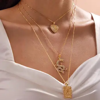 

Vintage Bohemia Multi Layer Carved Rose Heart Coins Pendant Necklace for Women Statement Crystal Dragon Necklace Jewelry Gift