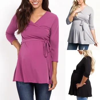 

Women's Maternity Tops Long Sleeve V Neck Peplum Self Tie Pregnancy Blouses Button Down Tunic Casual Autumn Shirt Mama Clothes