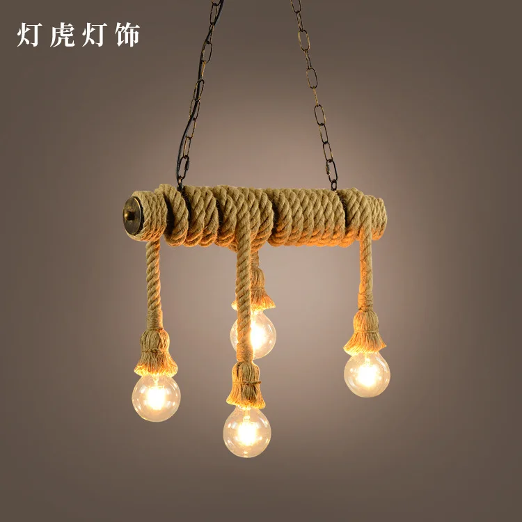 

hemp rope chandelier 3 head cafe bar clothing store Nordic industrial decoration pipe droplight restoring ancient ways