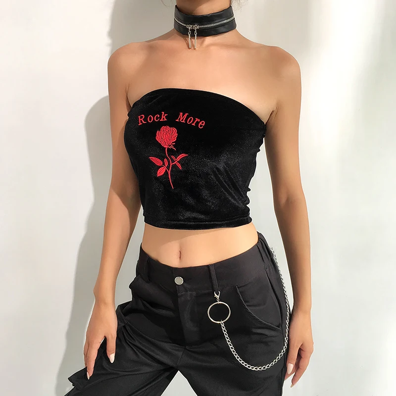 

Gothic Black Sexy Women Slash Neck PU Leather Ostrich feather Strapless Crop Tops Summer Goth Punk Female Dark Splice Tube Tops