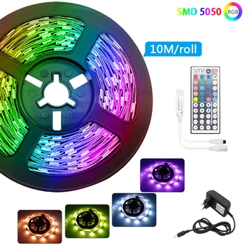 

30m RGB LED Strip Light 5050 5m 10m No Waterproof leds tape diode ribbon LED lights Lamp Controller AC 220V DC 12V adapter set