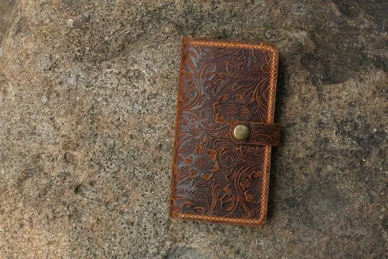 

Women Vintage Embossing Leather Wristlet Cell Phone Wallet Case Phone Wallet / Leather Phone Wallet Cover GX20MW-B