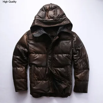 

2020 men's hooded leather down jacket winter genuine leather coat men vintage Camouflage brown causal sheepskin jacket male