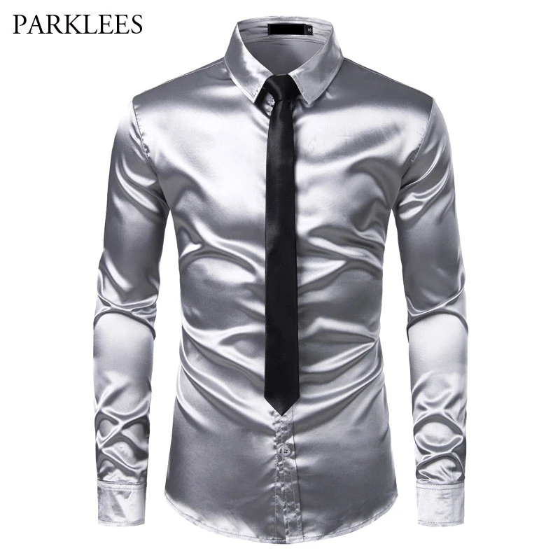 2pcs Silver Silk Shirt+Tie Mens Satin ...