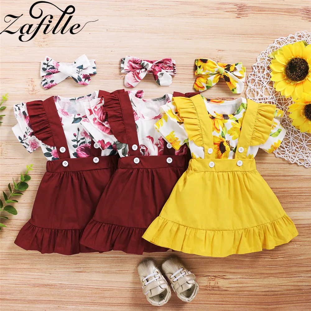 

ZAFILLE Baby Girl Clothes Set 3Pcs Flutter Sleeve Sunflower Printed Romper+Overalls+Bow Headband Outfits For Newborn Girls Suit