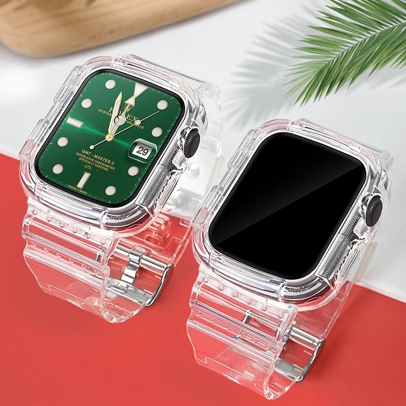 Rugged Protective Case and Bands for Apple Watch 45mm 41mm 44mm 42mm 40mm 38mm Strap, Cute Girl Crystal Jelly Cover iWatch Se76