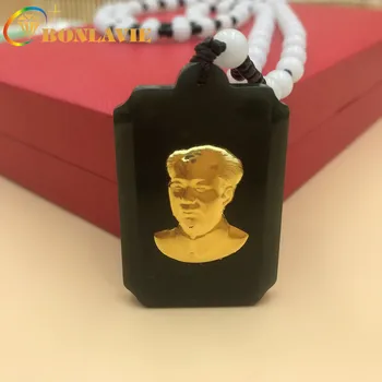 

Gold Inlaid Jade Dark Jade Chairman Mao Pendant Foot Gold Hetian Jade Square Jade Pendant Travel Gifts Wholesale