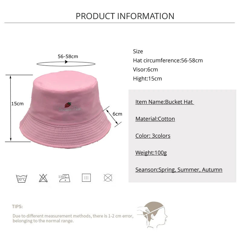 Hot Sale White Bucket Sun Hat Cute Strawberry Embroidery Alphabet Girl Fisherman Hat Ladies Foldable Outdoor Basin Hat M88