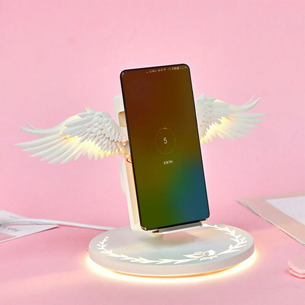 

Wireless Charging Dock 10W Angel Wings Fast Charger for Huawei iPhone Samsung Mobile Phone Holder Bookshelf Ornament