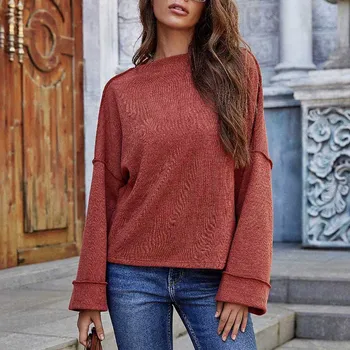 

2020 Autumn Women Solid Flare Sleeve Knitted Sweater Top Winter Fashion Female Pullover Sweaters Ladies Loose Casual Knitwear#3
