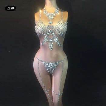 

nude women Crystals Jumpsuit mesh Fashion Stage Dance Outfit Birthday nightclub Prom Bodysuit Show Female Singer Stage Rompers