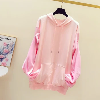 

2019 New Loose Hoodie Female Lady Pink Streetwear Sweet Wrinkle Bubble Sleeve Splicing Long-sleeved Cap Cover Sweatshirt Student