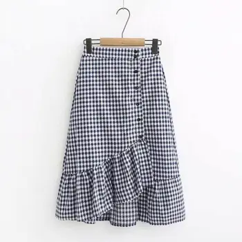 

2019 Summer Thin Ruffle Irregular Skirts Women Plaid Print Skirts Elastic High Waist Vintage Long Skirt 2 Color