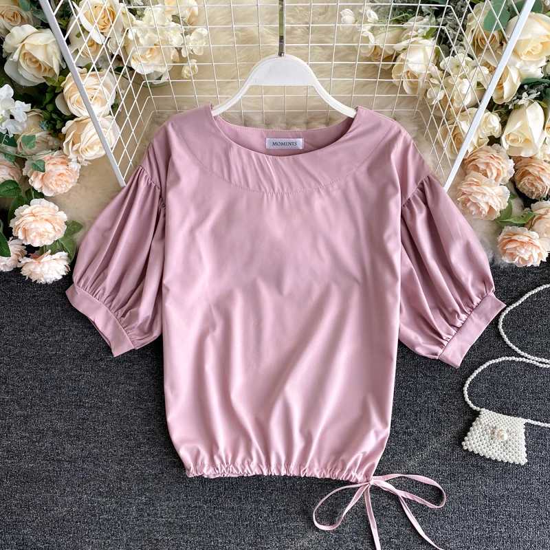 Elegant Lady Casual Loose Sexy Lace Up Blouse Women 2021 Simple Solid Color Round Neck Drawstring Waist Puff Sleeve Top Blouse