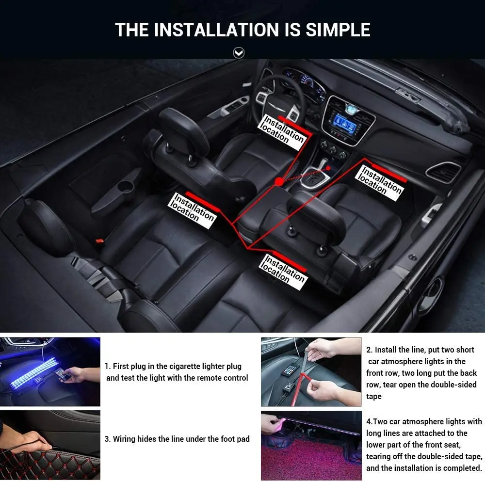 Car Interior Light RGB LED Decorative Light Strip With USB Wireless Remote Music Control Multiple Modes Car Foot Light