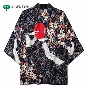 

Japanese Style Cranes Print Kimono Cardigan Jackets Coat Tops Hip Hop Fashion Harajuku Casual Streetwear Jacket Coat Thin Kimono