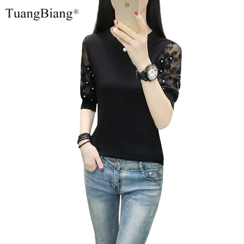 

Lace Half Sleeve Beading Women Sweater 2020 Knit feminine Summer Black Pullovers elegant Sexy elastic O-Neck Tops Ladies Jumpers