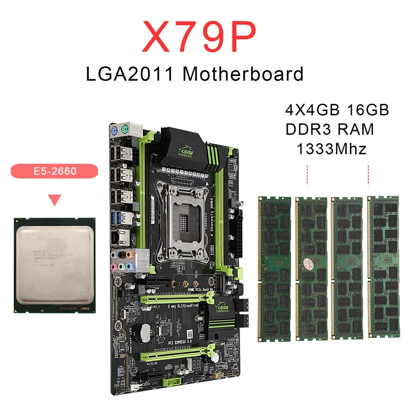 X79 LGA2011 материнская плата комбинированный набор с E5-2660 C2 cpu 4X4GB 16GB DDR3 ram 4-Ch 1333Mhz PCI-E NVME M.2 SSD слот