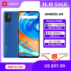In Stock UMIDIGI A9 Smart Phone Android 11 Global Version 13MP AI Triple Camera Helio G25 Octa Core 6.53