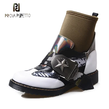 

Prova Perfetto New Genuine Leather Martin Boots for Women Buckel Metal Decoration Slip on Stretch Short Boots British Style