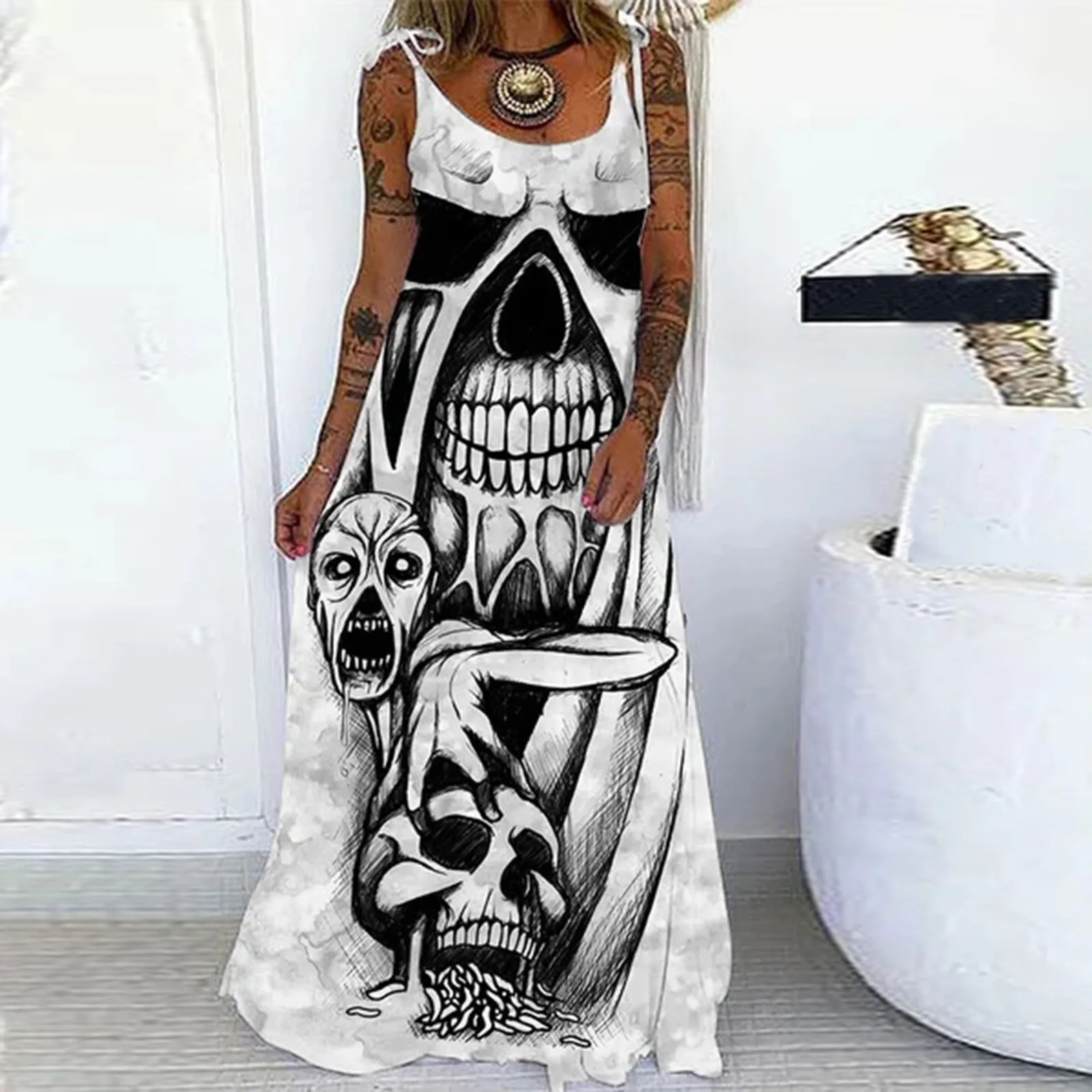 Vintage Loose Long Dress Women Fashion Halloween Skull Print Party Dress Sleeveless O-Neck Pullover Dress for Halloween Vestido 2