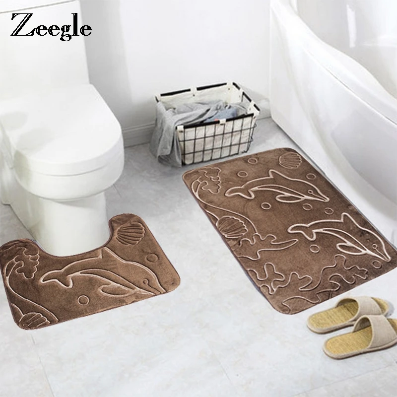 Zeegle Dolphin 2pcs Bath Mat Set Flannel Bathroom Carpets Set Anti-slip Toilet Rugs Bathroom Floor Mats Shower Rugs