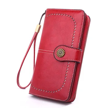 

Retro Oil Wax Skin Leather Women's Long Wallet Hollow Out Buckle Wallets Credit Card Clutch Purse Card Bag Luxury Clutch Purses