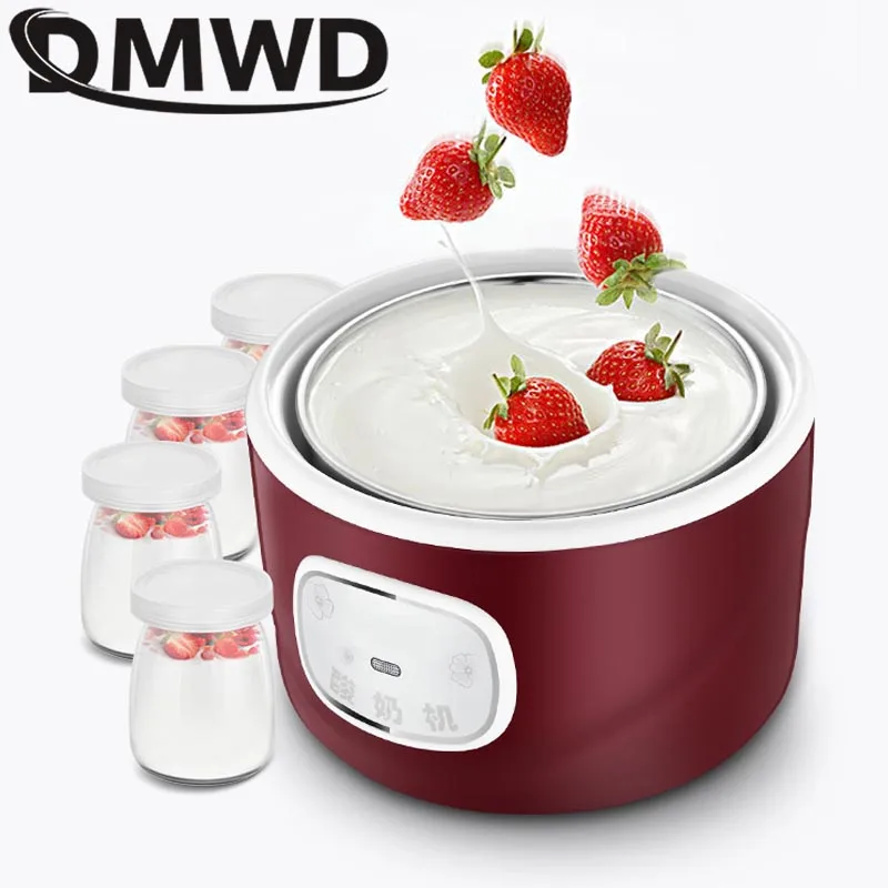 DMWD Electric Yogurt Maker Automatic Multifunction Stainless Steel Leben Container Natto Rice Wine Machine Four Yoghurt Cups 1L