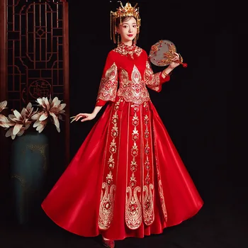 

XiuHe High quality Red Chinese Wedding Dress Female Cheongsam Gold Slim Chinese Traditional Dress Women Qipao for Wedding Party