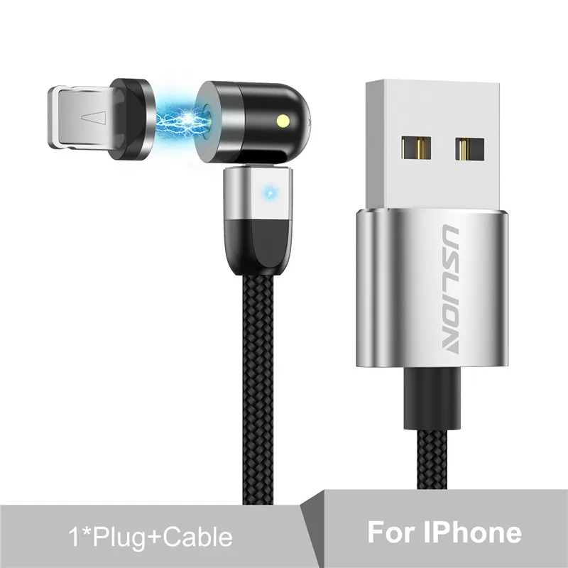 USLION, новинка, магнитный кабель с поворотом на 540 градусов, кабель Micro usb type C, магнитный кабель для зарядки iPhone 11 Pro, максимальная линия передачи данных - Цвет: Silver For iPhone