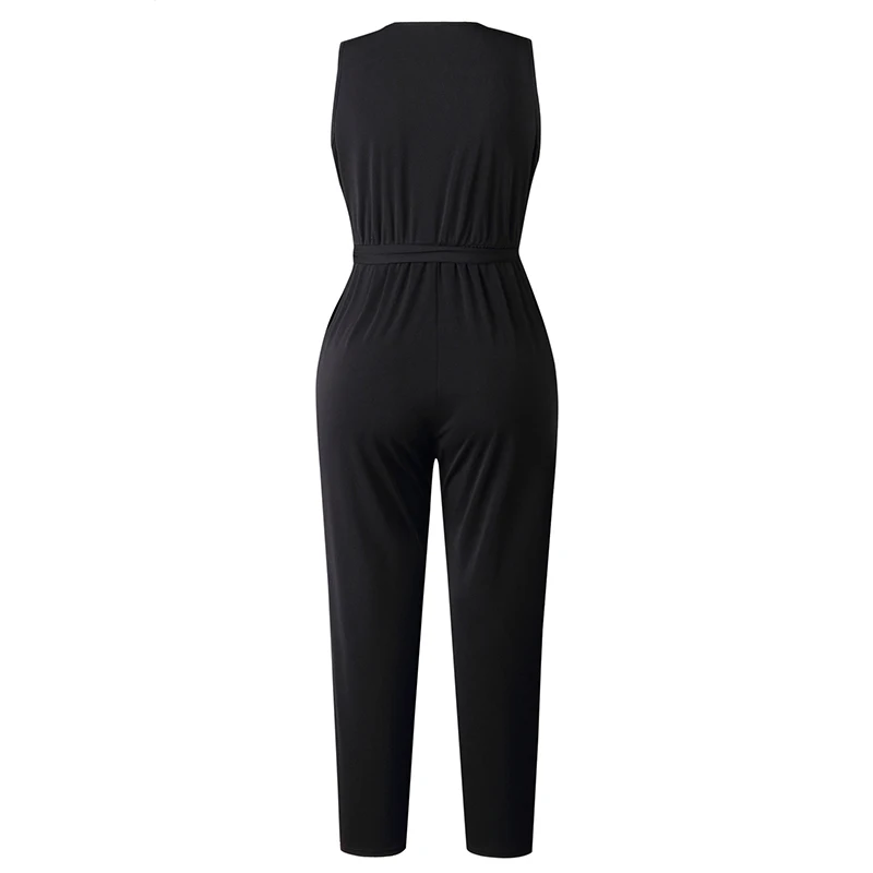 Fashion Lace Women Jumpsuit With Belt Sleeveless 2020 Summer New Casual V-neck Solid Women Black Jumpsuits Fashion Female Pants