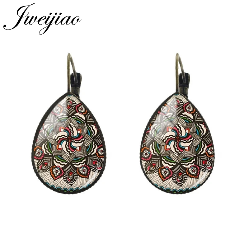 FL50 JWEIJIAO New Polish Folk Art Patterns Stud Earrings Boho Floral Tear water-drop Ear Clip Earrings Women jewelry FL53 - Окраска металла: FL50