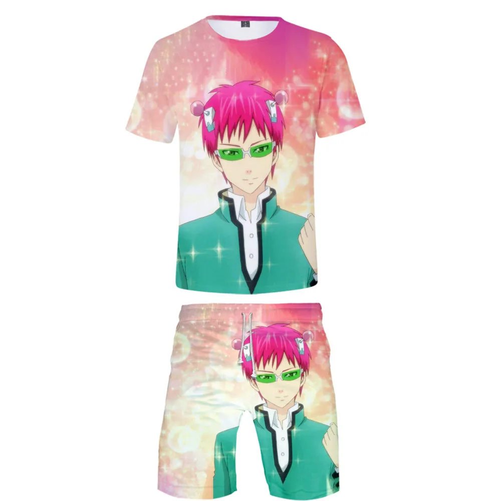 New Cartoon Saiki Kusuo unisex t shirt +short Style two piece set is comfortable and casual Motor running | Мужская одежда