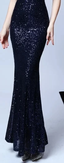 Вечернее платье с блестками, серебряное, v-образный вырез, Платье De Soiree K019, длинное размера плюс, женские вечерние платья, элегантное вечернее платье с длинным рукавом - Цвет: Тёмно-синий