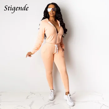 

Stigende Women Casual Solid Color Fitness Tracksuit Autumn Zipper Hooded Jacket and Drawstring Pants Set Sexy 2 Piece Outfits
