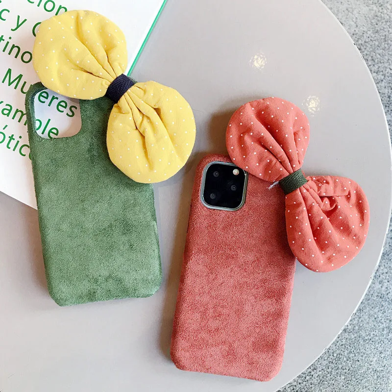 

NEW Autumn Winter cute Bow Cotton Plush Fabrics Phone Case For iPhone 7 8 plus Soft back cover For iphone 11 pro XS MAX XR case