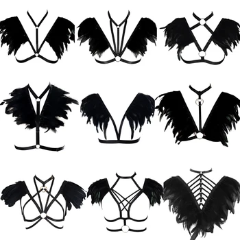 

Women Black Feather Epaulets Wings Harness Bra Crop Tops Shoulder Steampunk Goth Fetish Exotic Festival Bondage Adjust Plus Size